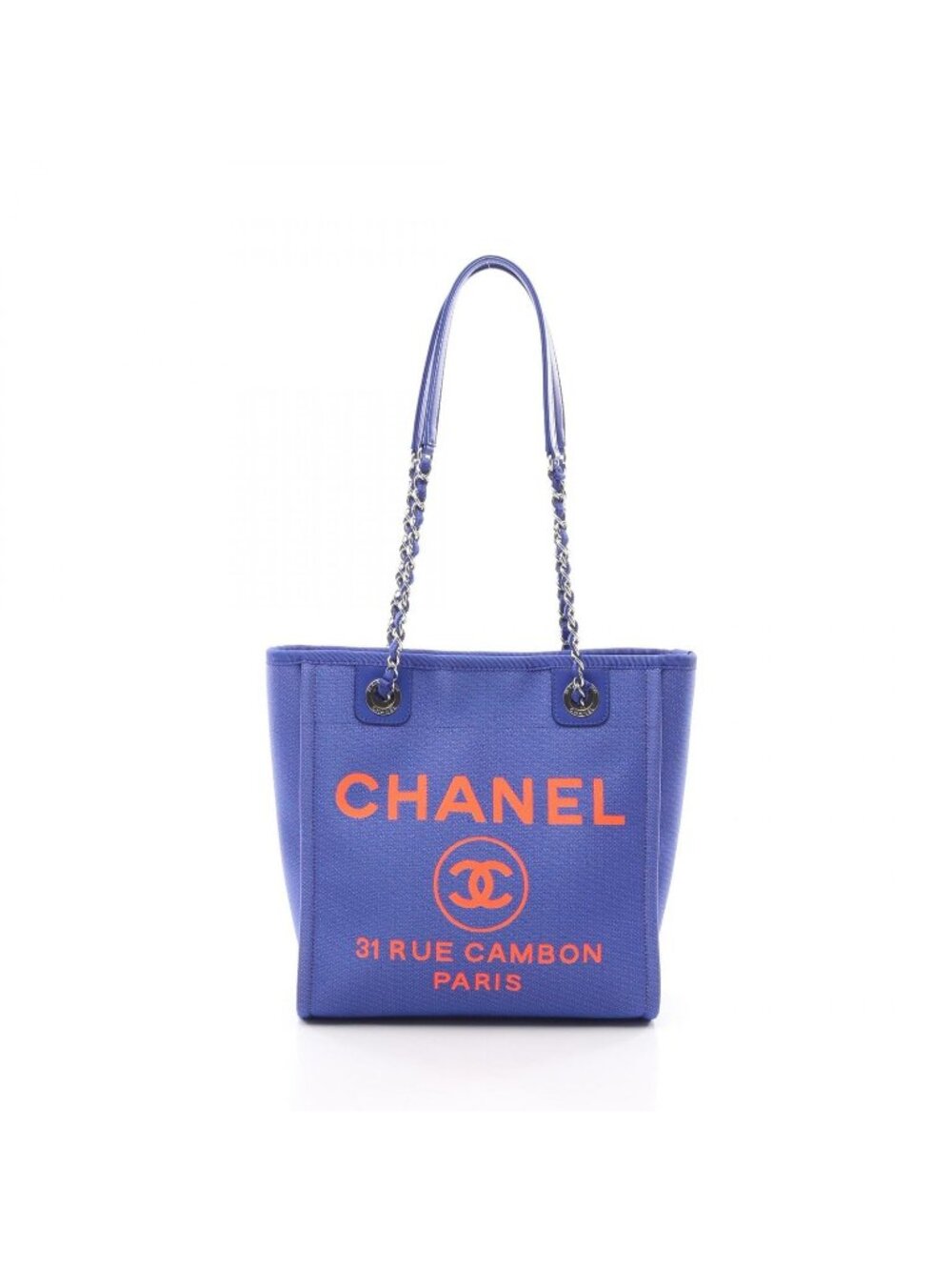 Chanel Tote Bag Deauville PM Blue Neon Orange Canvas Leather Chain PM